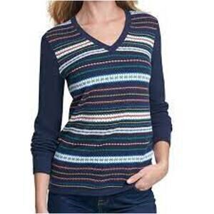 Tommy Hilfiger Ivy Float Sweater Fair Isle Navy Heart V Neck Women Small